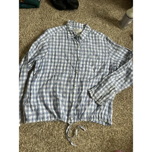 Talbots Top Women L Drawstring Blue Linen Gingham Plaid Long Sleeve Capsule VTG - Picture 6 of 12